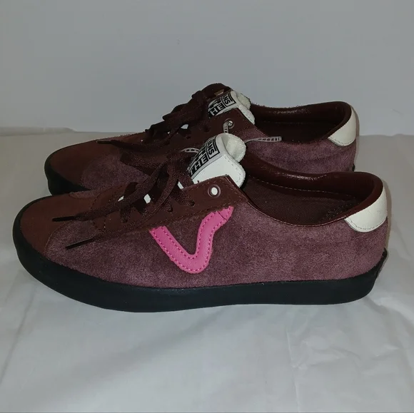 SOLD Vans Sport Low Skate Shoes Suede & Leather, Brown With Pink V-Stripe - Picture 5 of 10